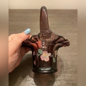 Fenton Hand Painted Flowers Purple Glass Basket Signed by Artist 7-1/4"